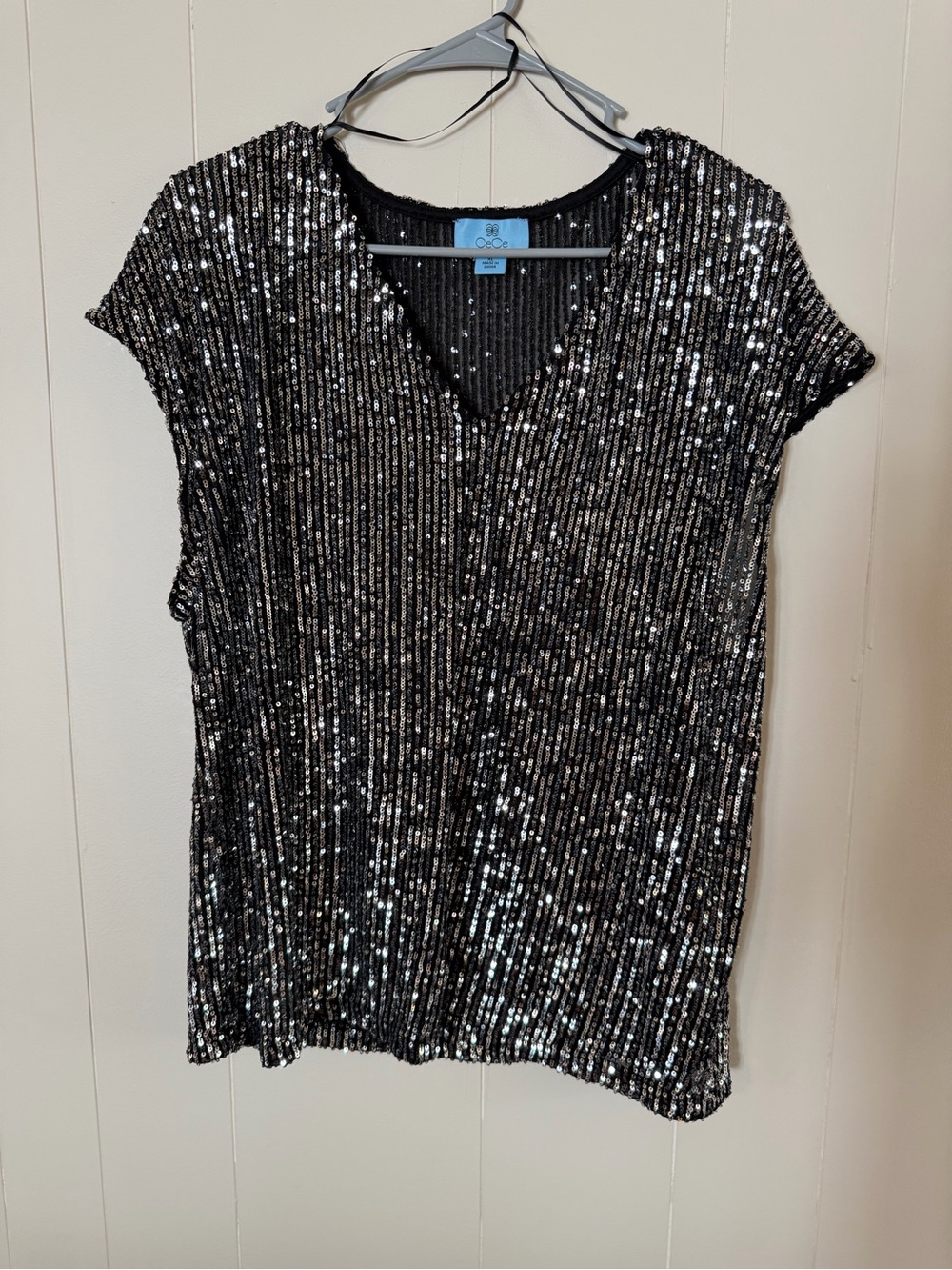 CeCe Black Sequin V-Neck Short Sleeve Top